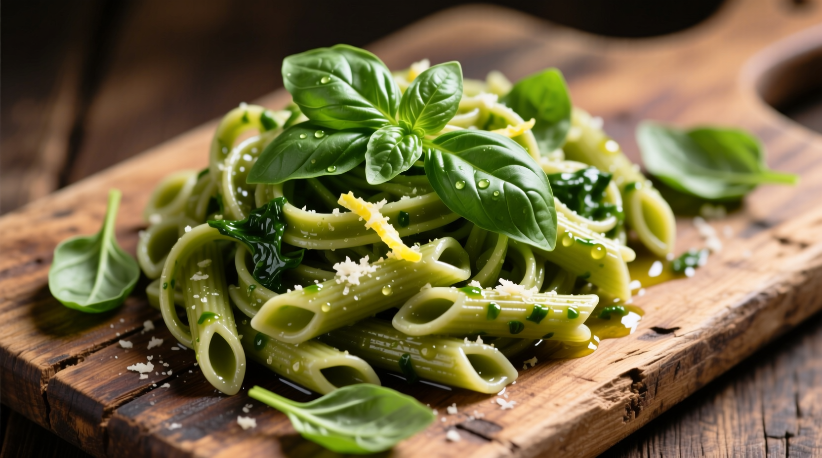Fresh spinach pasta with basil garnish on wooden board