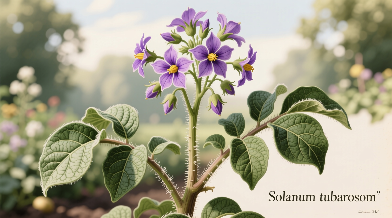 Mature potato plant with purple flowers and green foliage