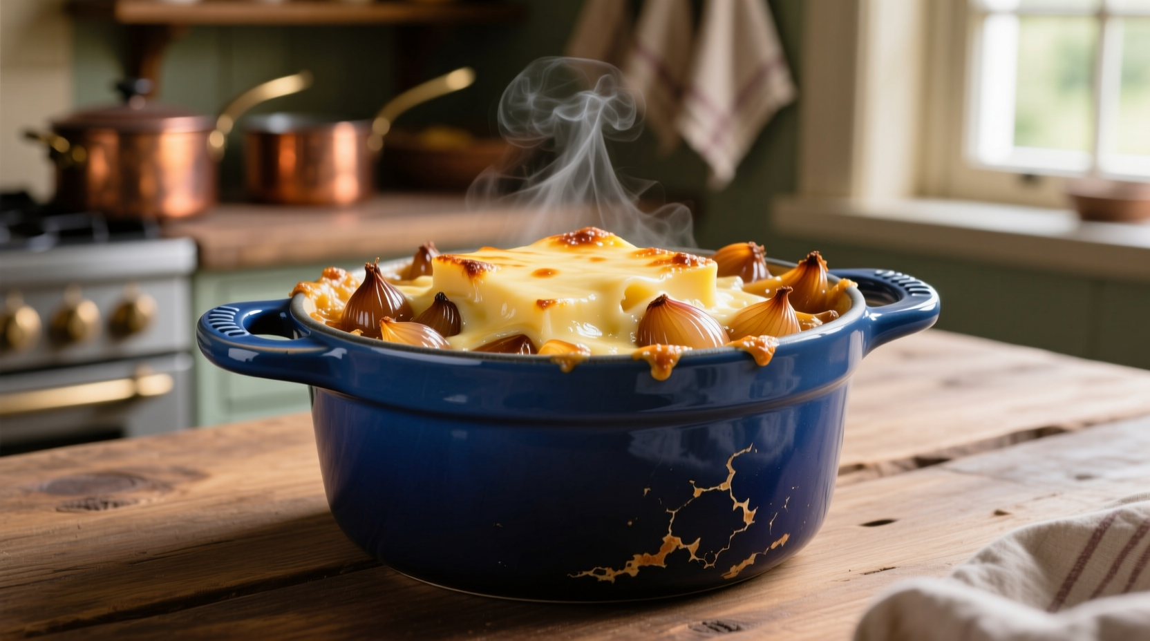 Le Creuset French onion soup bowl with melted cheese