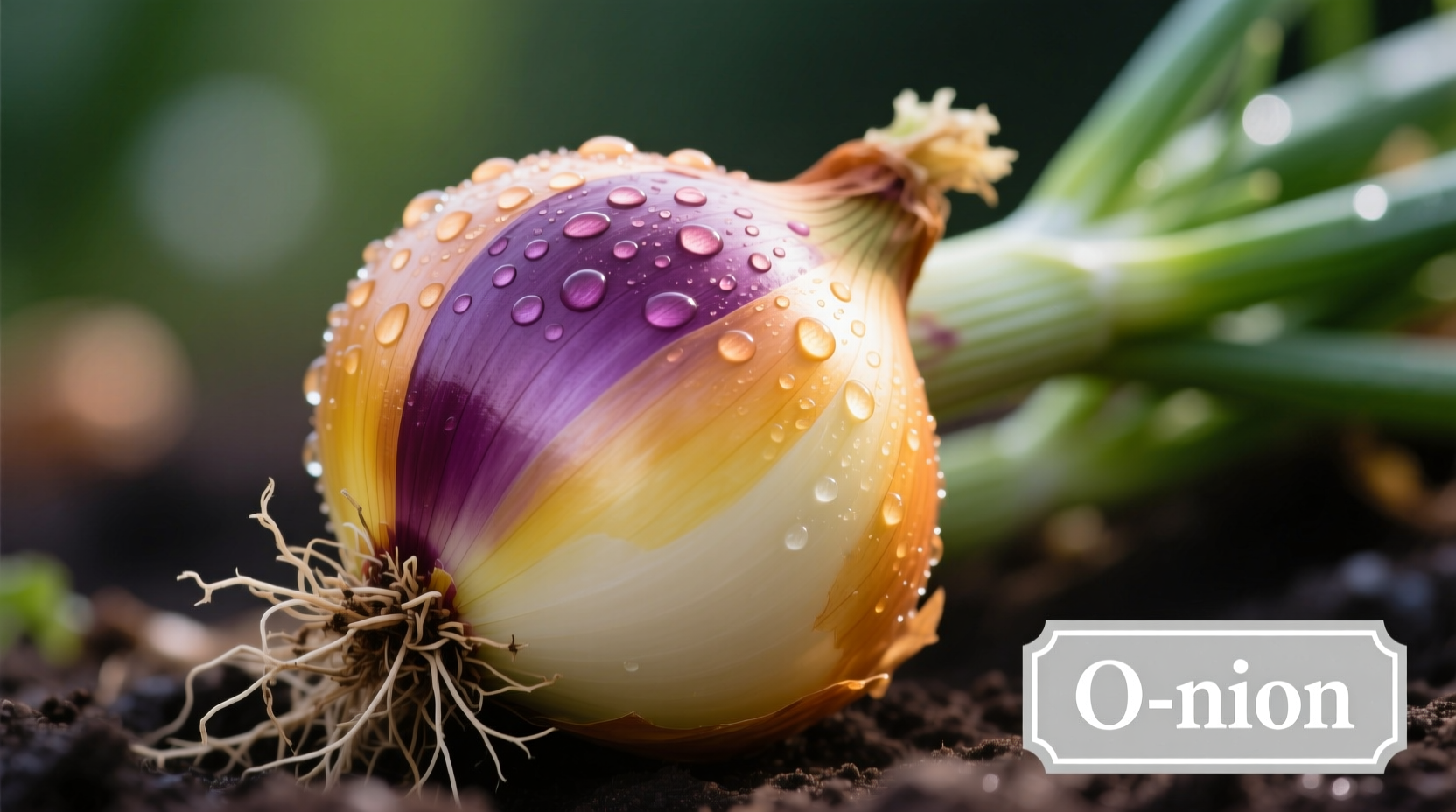 Close-up of fresh onions with pronunciation guide