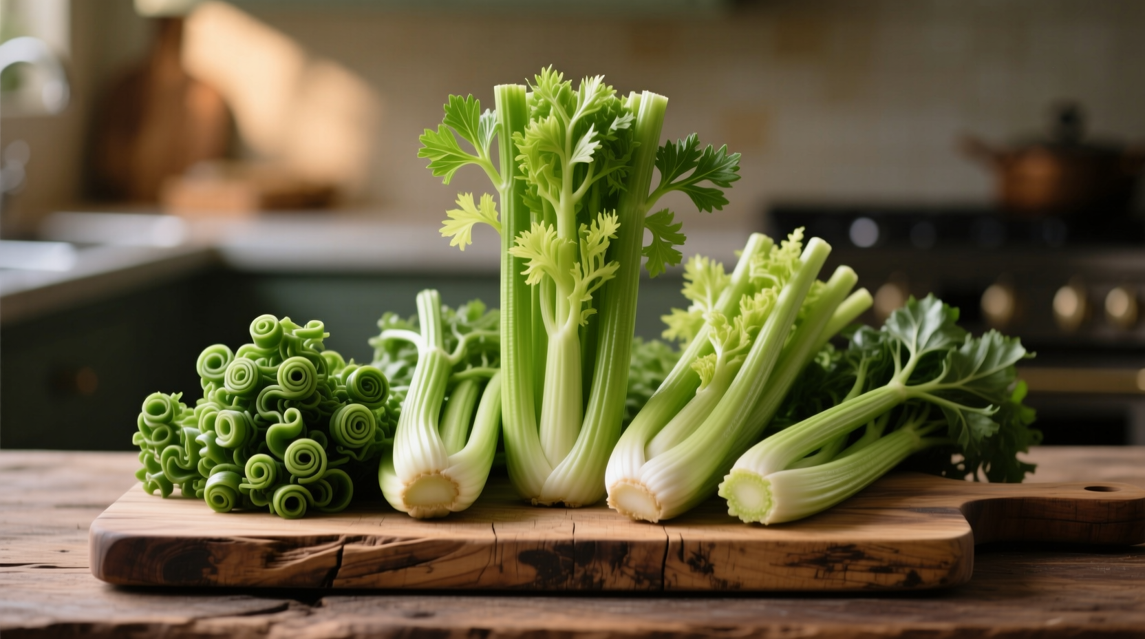 Different celery varieties on wooden cutting board