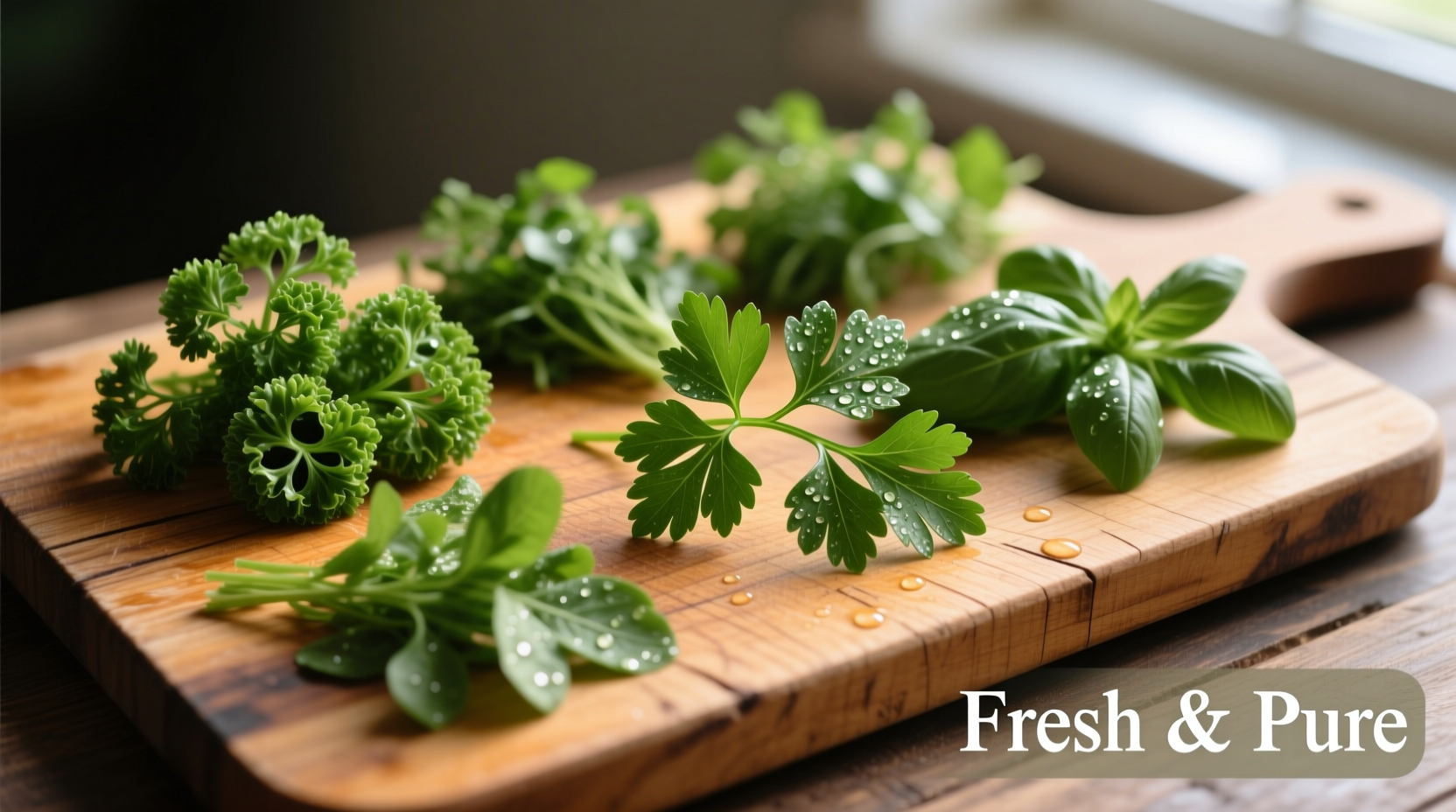 Fresh parsley varieties on wooden cutting board