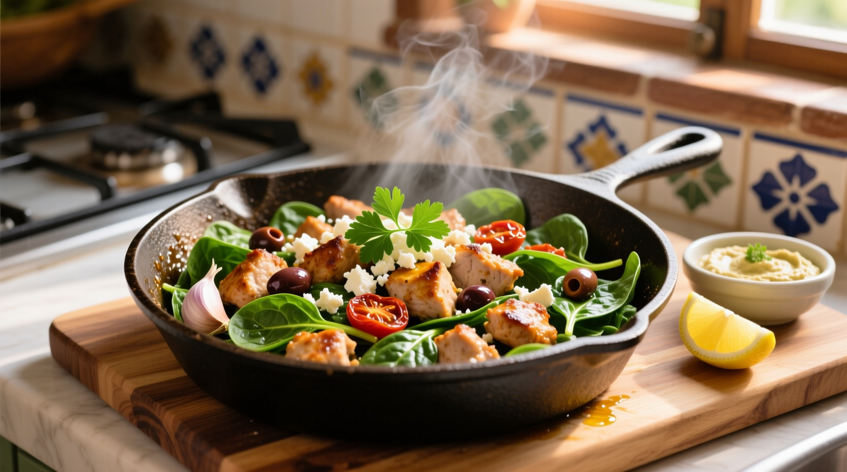 Mediterranean ground turkey spinach skillet