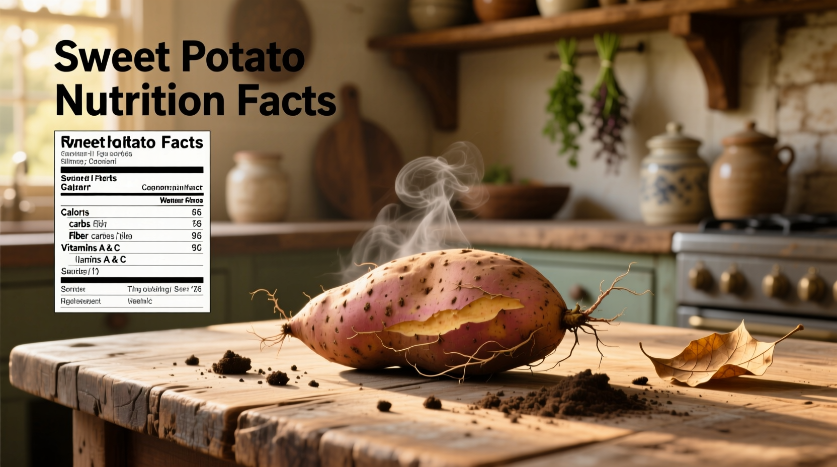 Sweet potato nutrition facts on wooden table