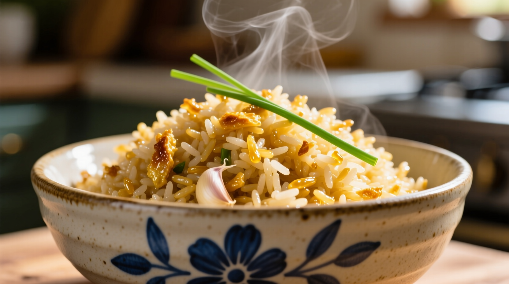 Perfect golden garlic rice in ceramic bowl
