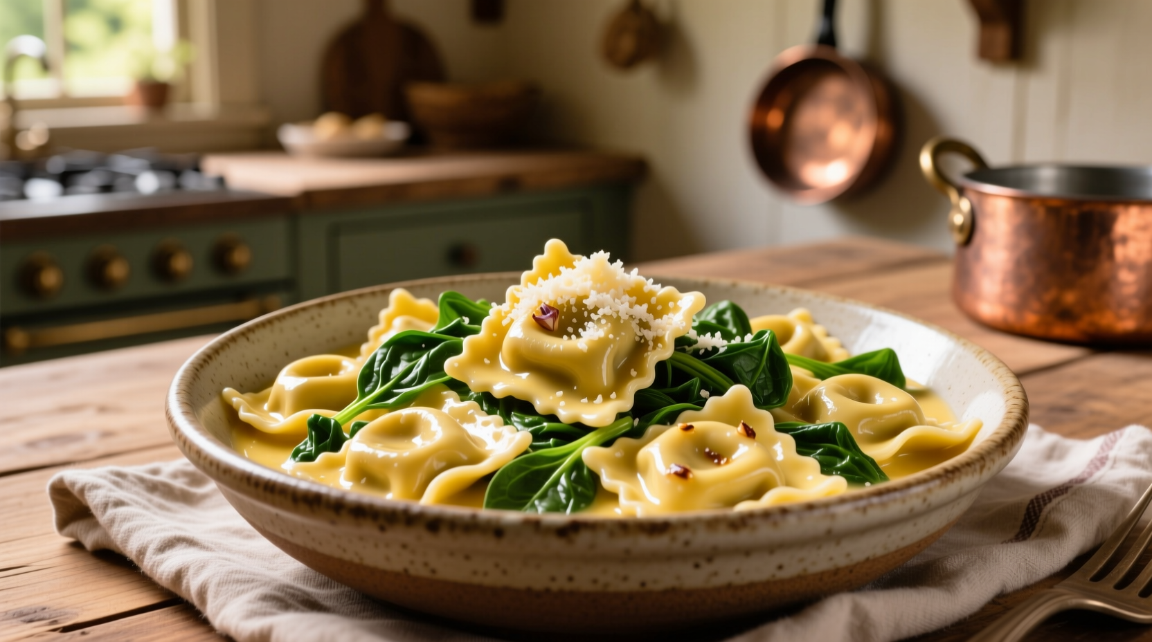 Fresh tortellini with spinach in butter sauce