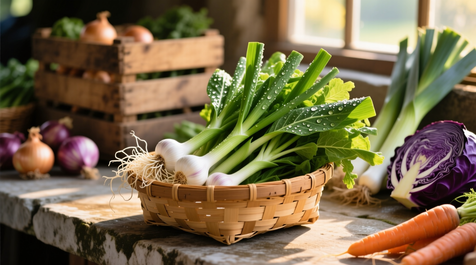 Fresh garlic greens in a farmers market basket