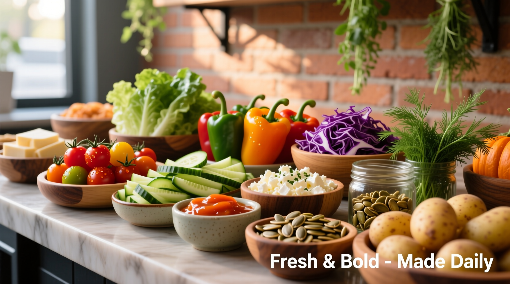 Colorful potato bar toppings display with fresh ingredients