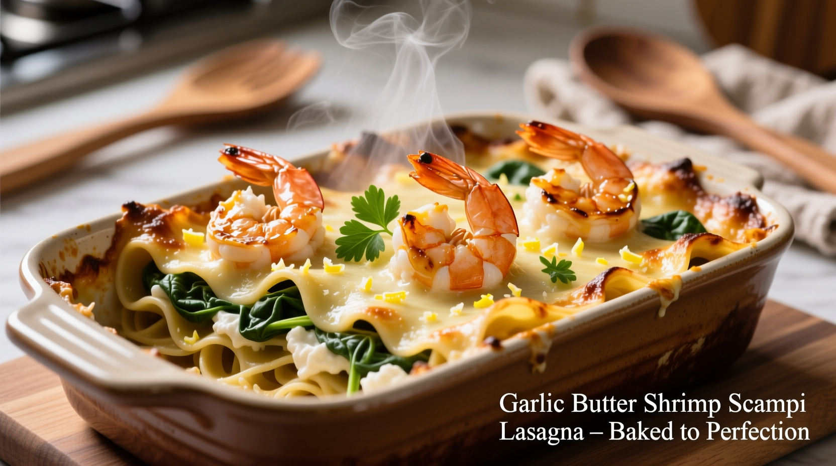 Finished garlic butter shrimp scampi lasagna in baking dish