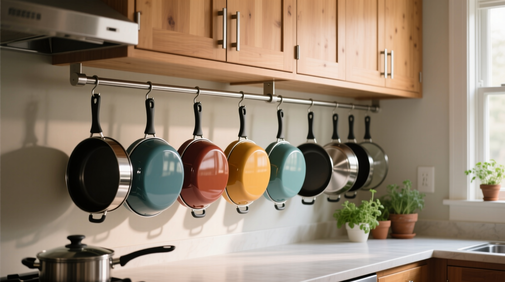 hang pot lids under the cabinets to save precious kitch