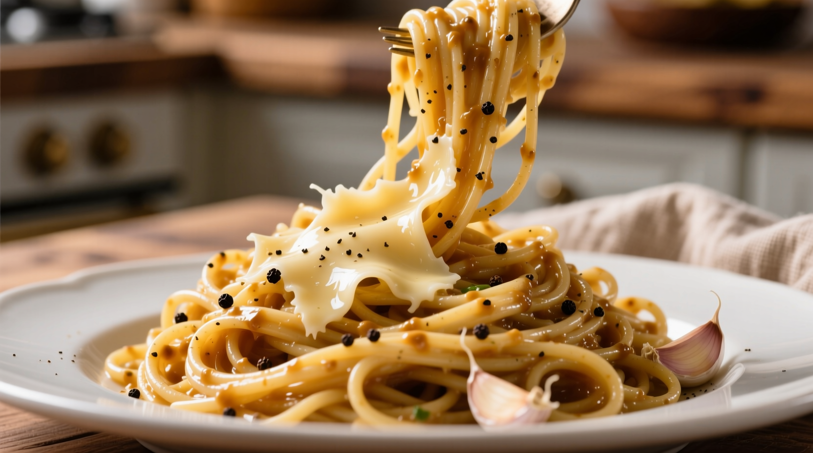 Perfectly tossed parmesan garlic pasta with visible cheese strands