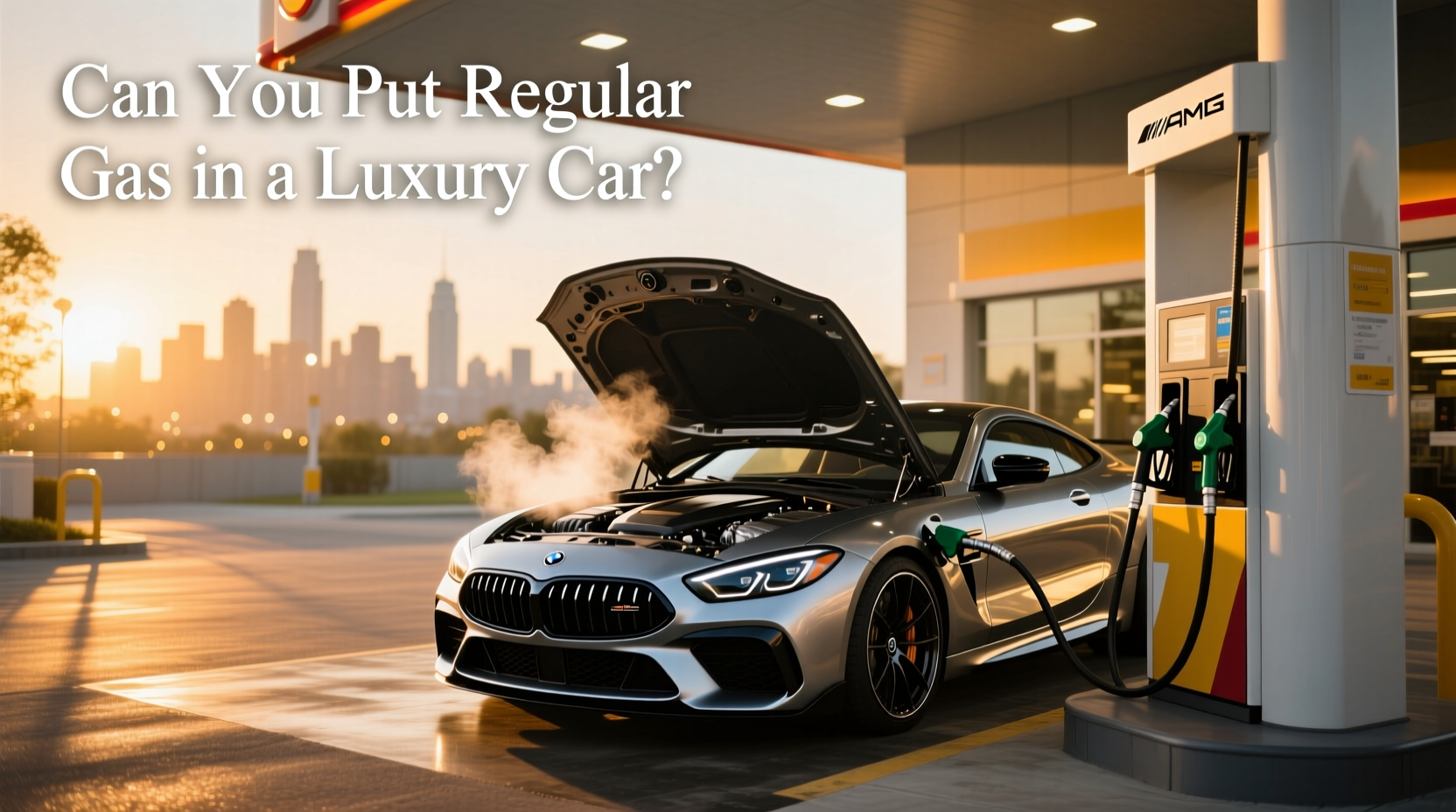 Driver selecting regular unleaded at gas station with luxury sedan