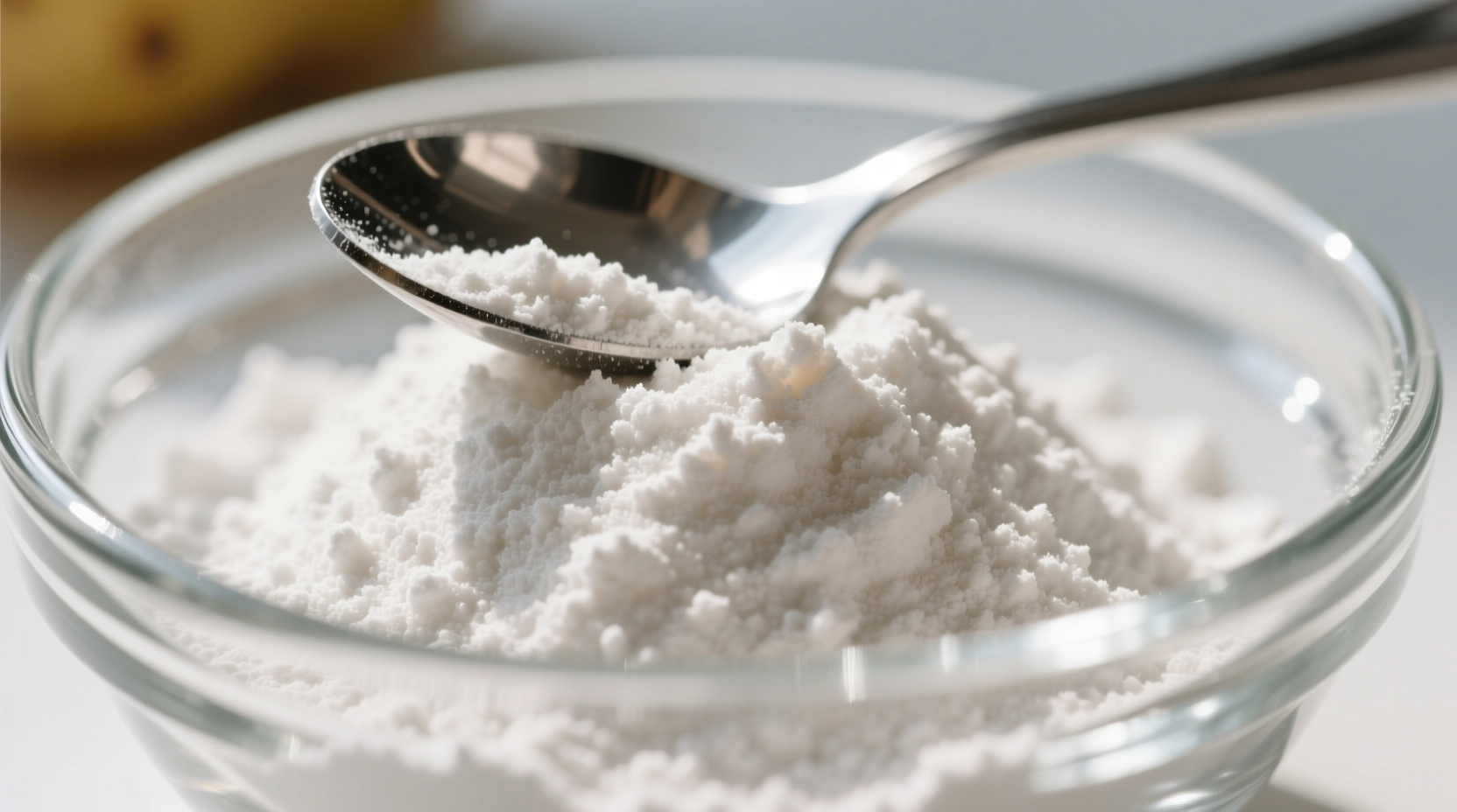 Close-up of potato starch in glass bowl with spoon