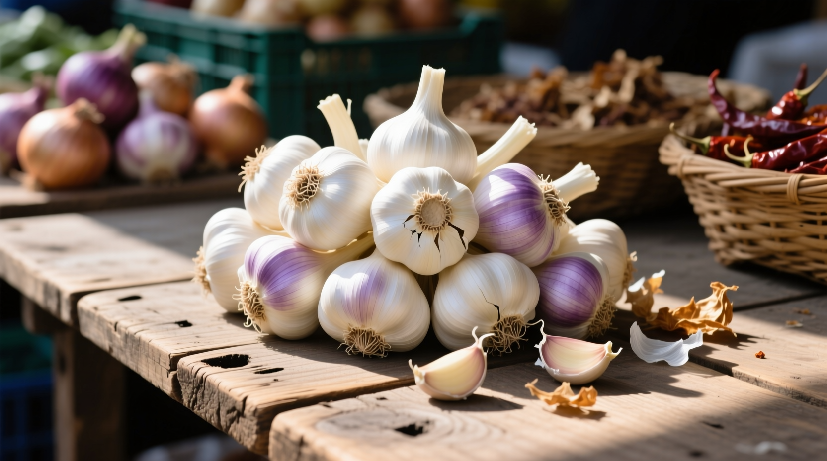 Fresh garlic bulbs on wooden market table