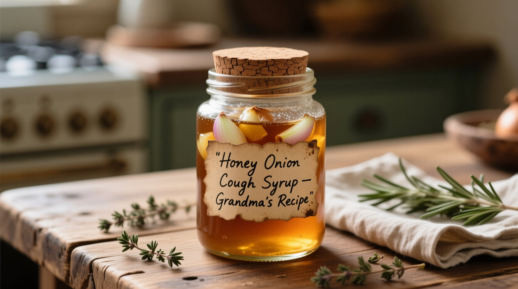 Homemade honey onion cough syrup in glass jar