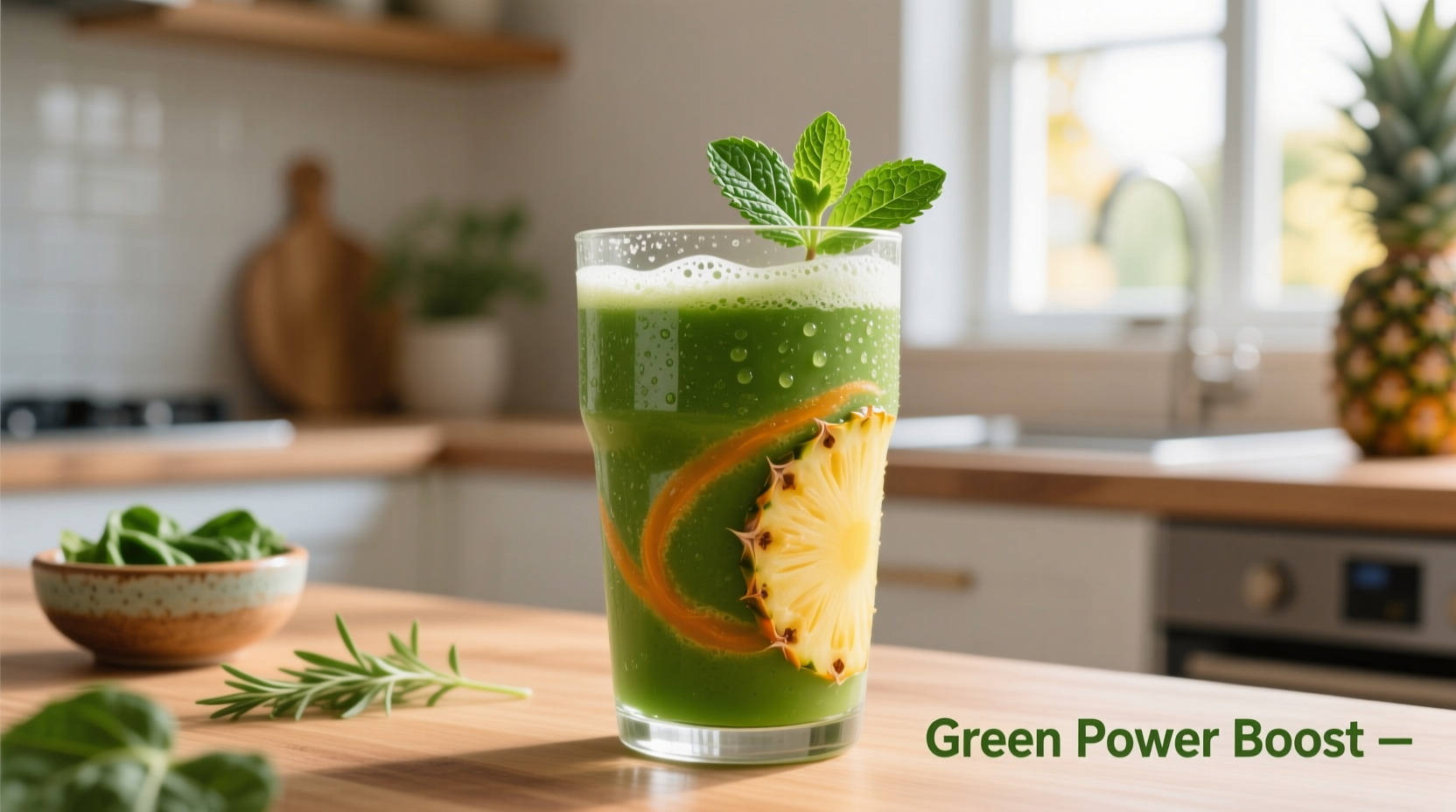 Fresh spinach smoothie with pineapple in a glass