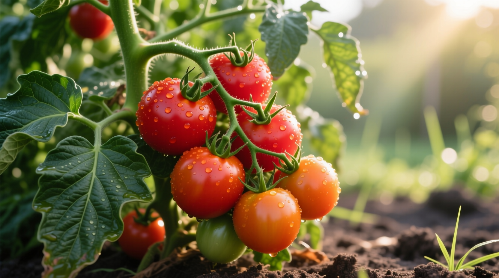 Fresh red tomatoes on vine with green leaves