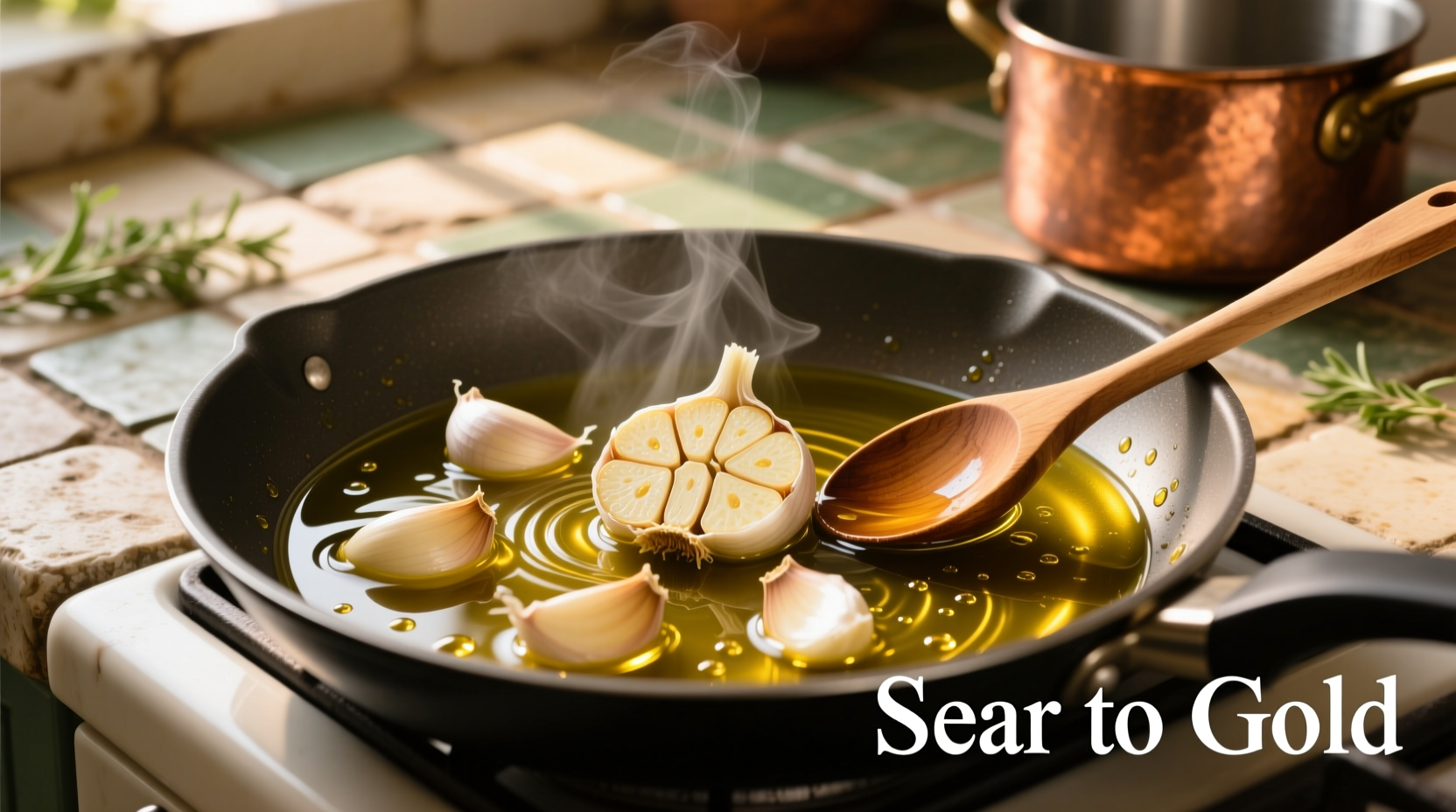 Golden garlic cloves in olive oil before browning