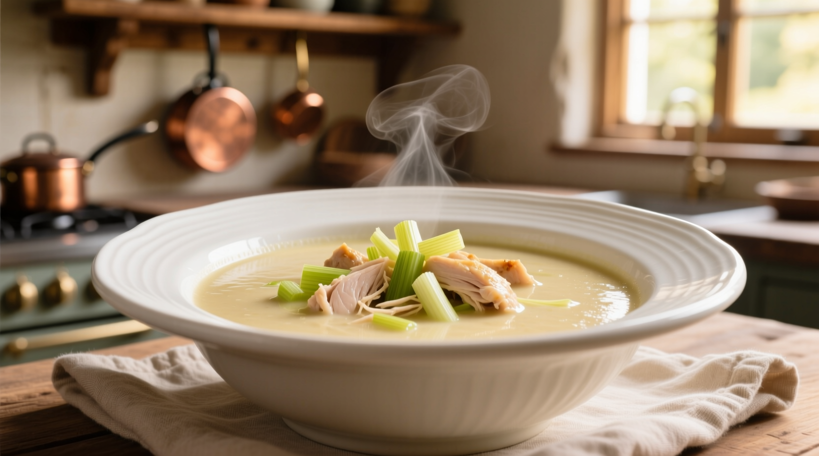 Creamy leek soup with chicken in white bowl