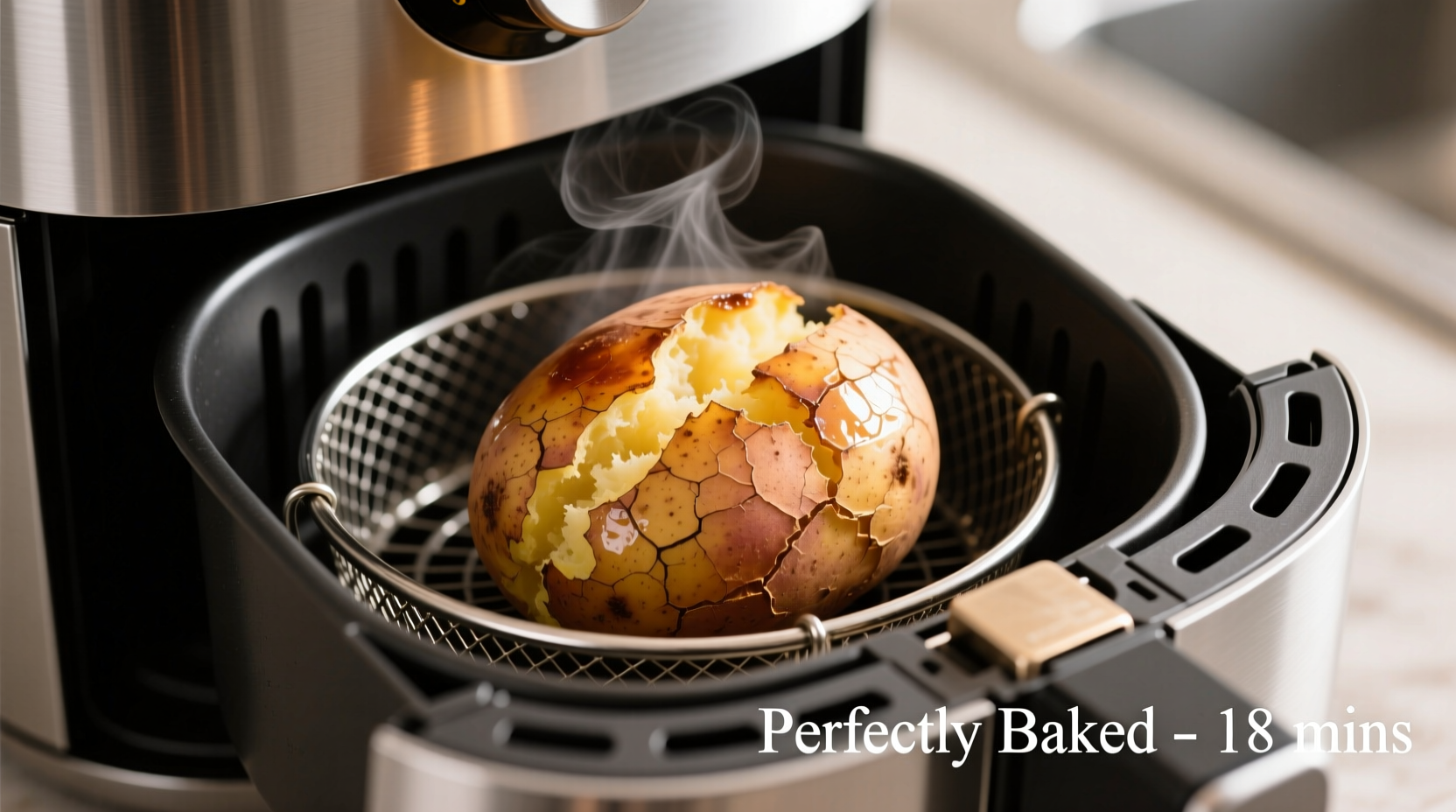 Perfectly baked russet potato in air fryer basket