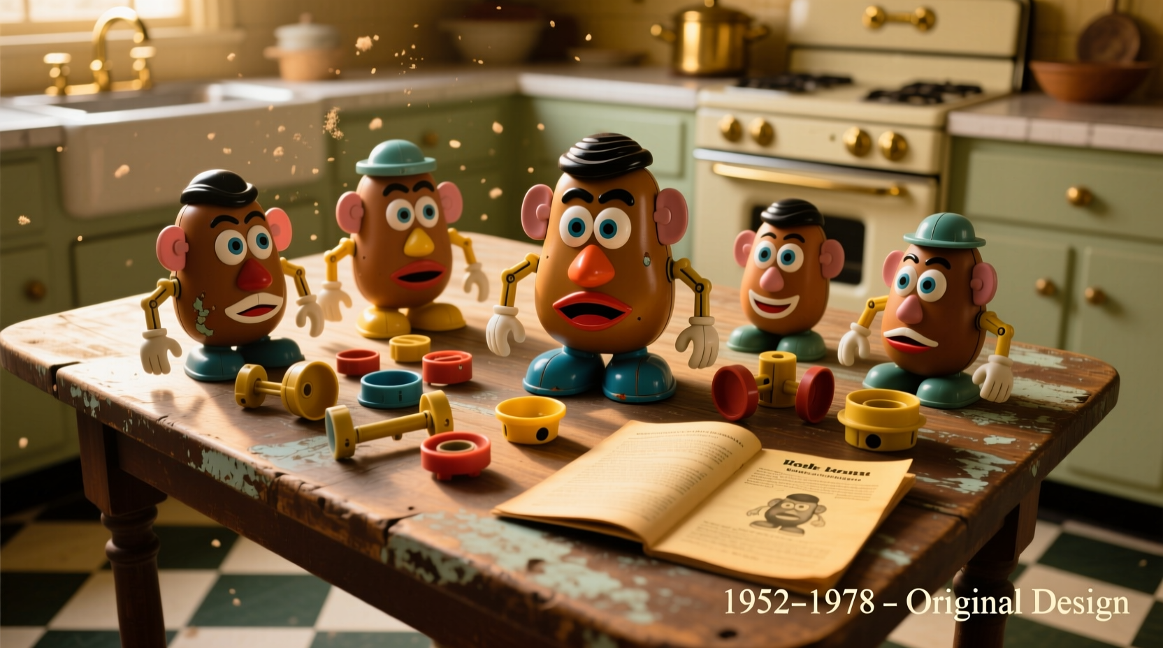 Vintage Mr Potato Head toy collection on wooden table