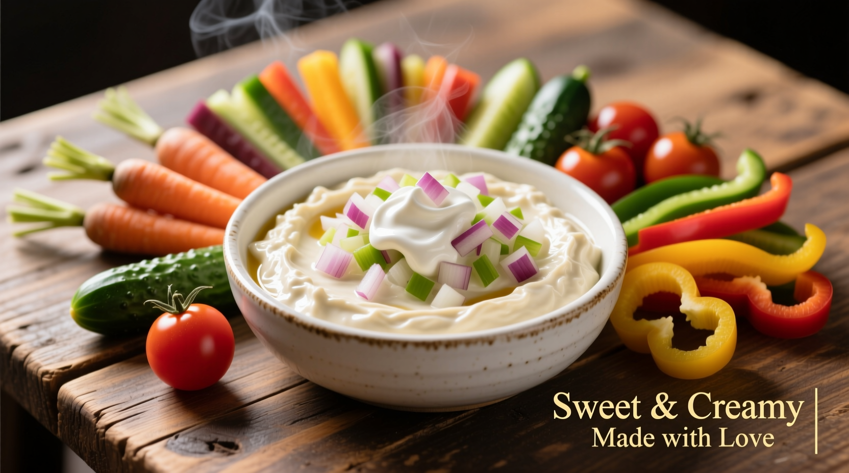 Creamy Vidalia onion dip in white bowl with vegetable dippers