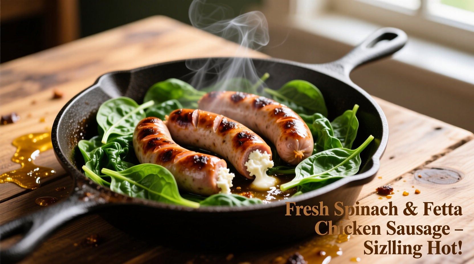 Fresh spinach and feta chicken sausage sizzling in skillet