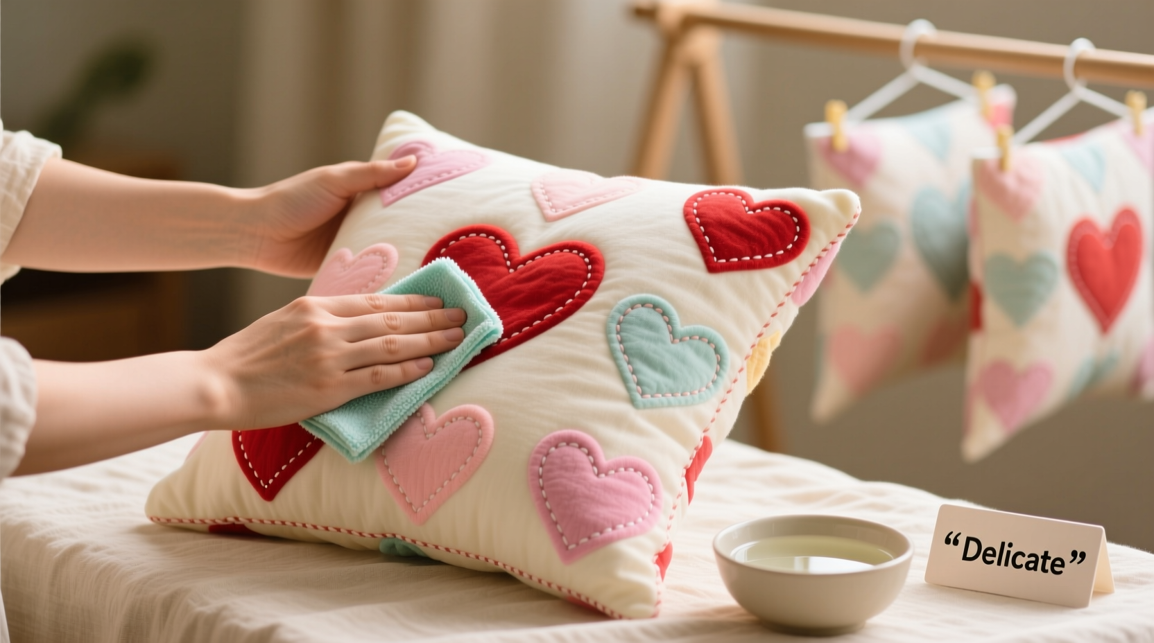 how to gently clean and preserve colorful plush pillowcases with heart patterns