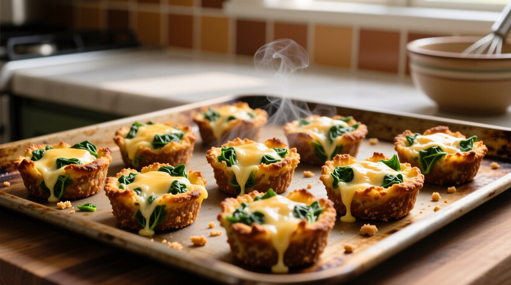 Golden brown spinach and cheese bites on baking sheet