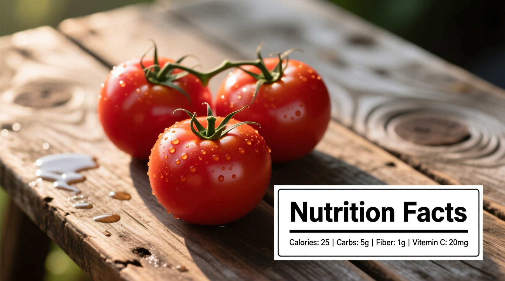 Fresh red tomatoes on wooden table with nutrition facts
