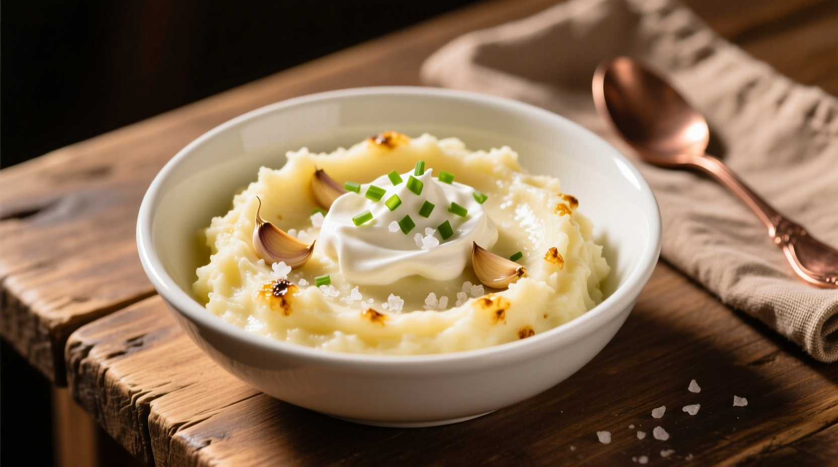Creamy roasted garlic mashed potatoes in white bowl