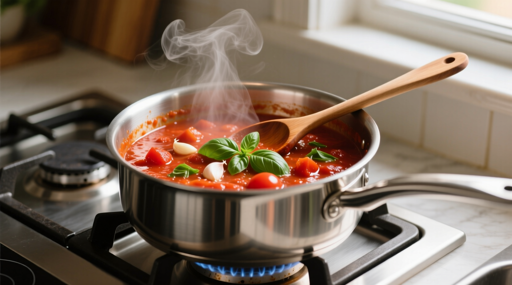 Fresh marinara sauce simmering in stainless steel pot