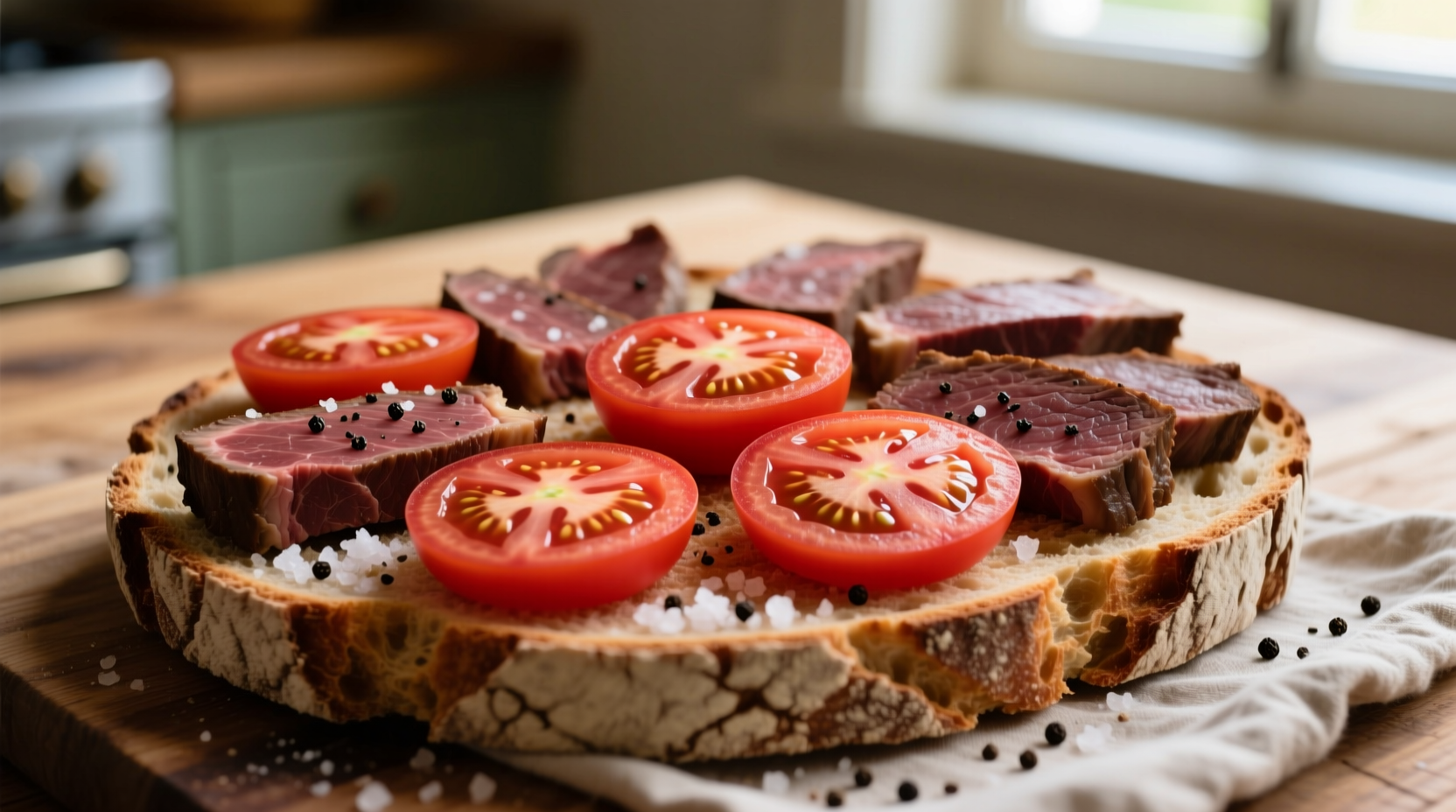 Sliced beefsteak tomatoes on rustic bread