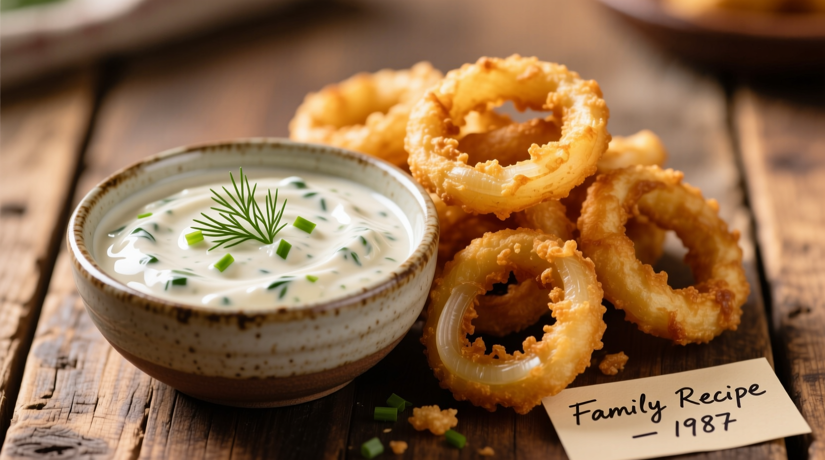 Homemade ranch dressing with crispy onion rings