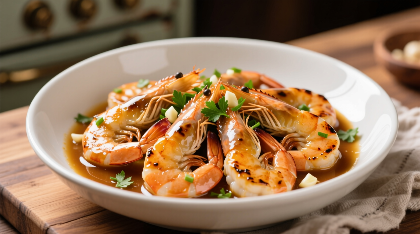 Perfectly cooked butter garlic shrimp in white ceramic dish
