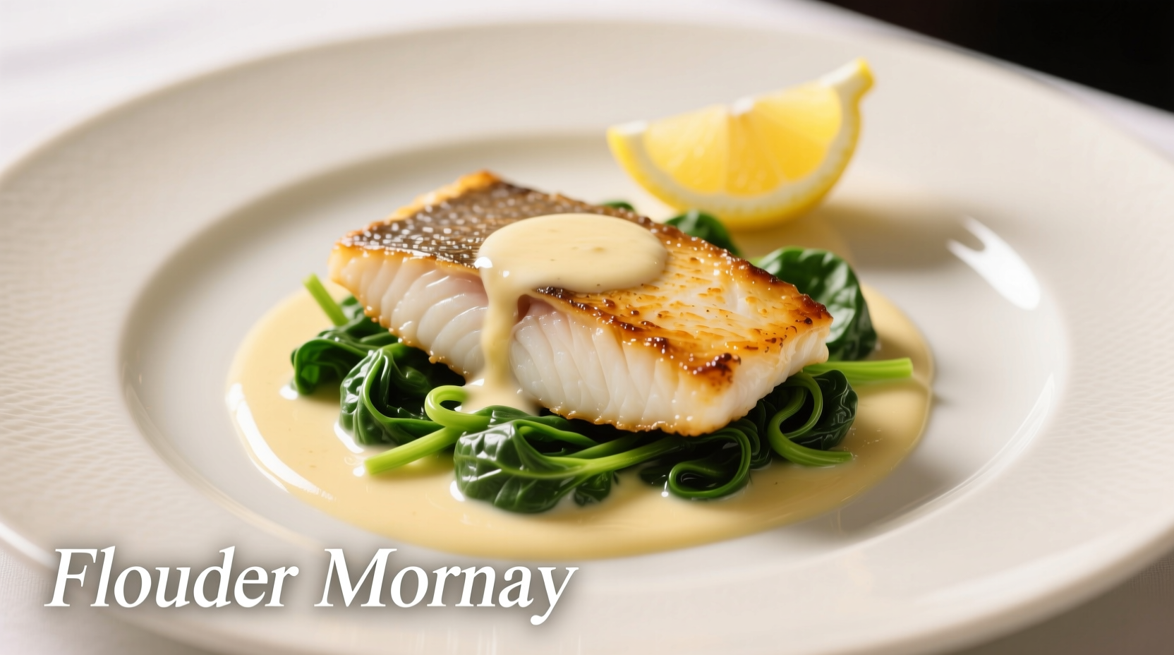 Flounder mornay spinach plated elegantly with lemon wedge