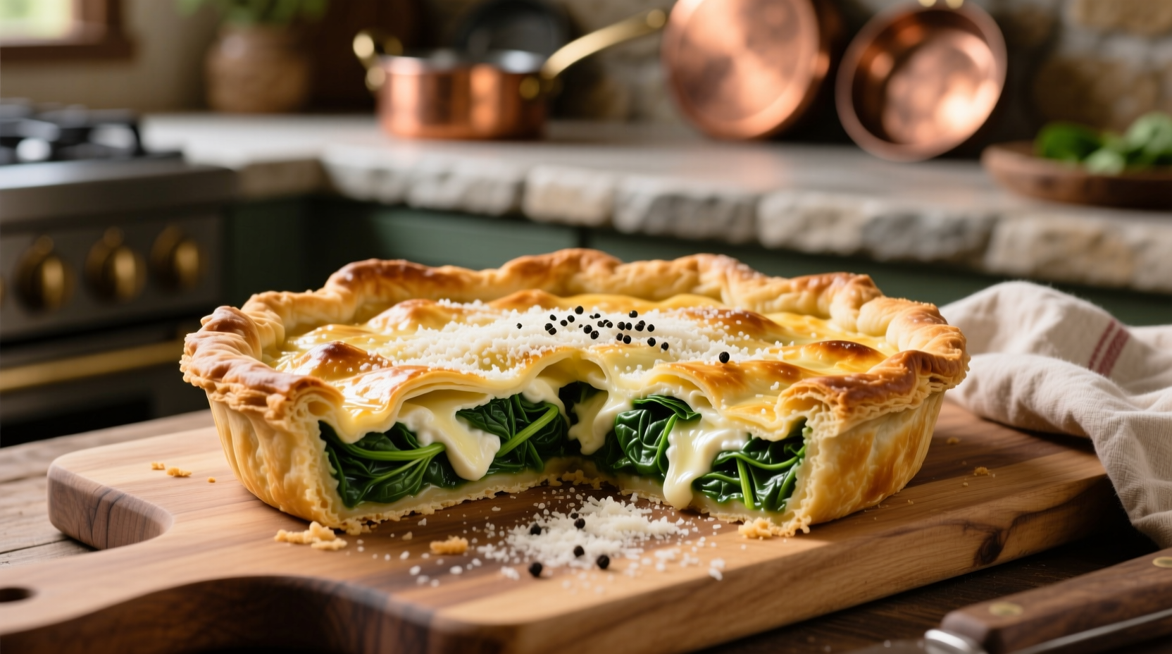 Golden spinach and ricotta pie with flaky crust