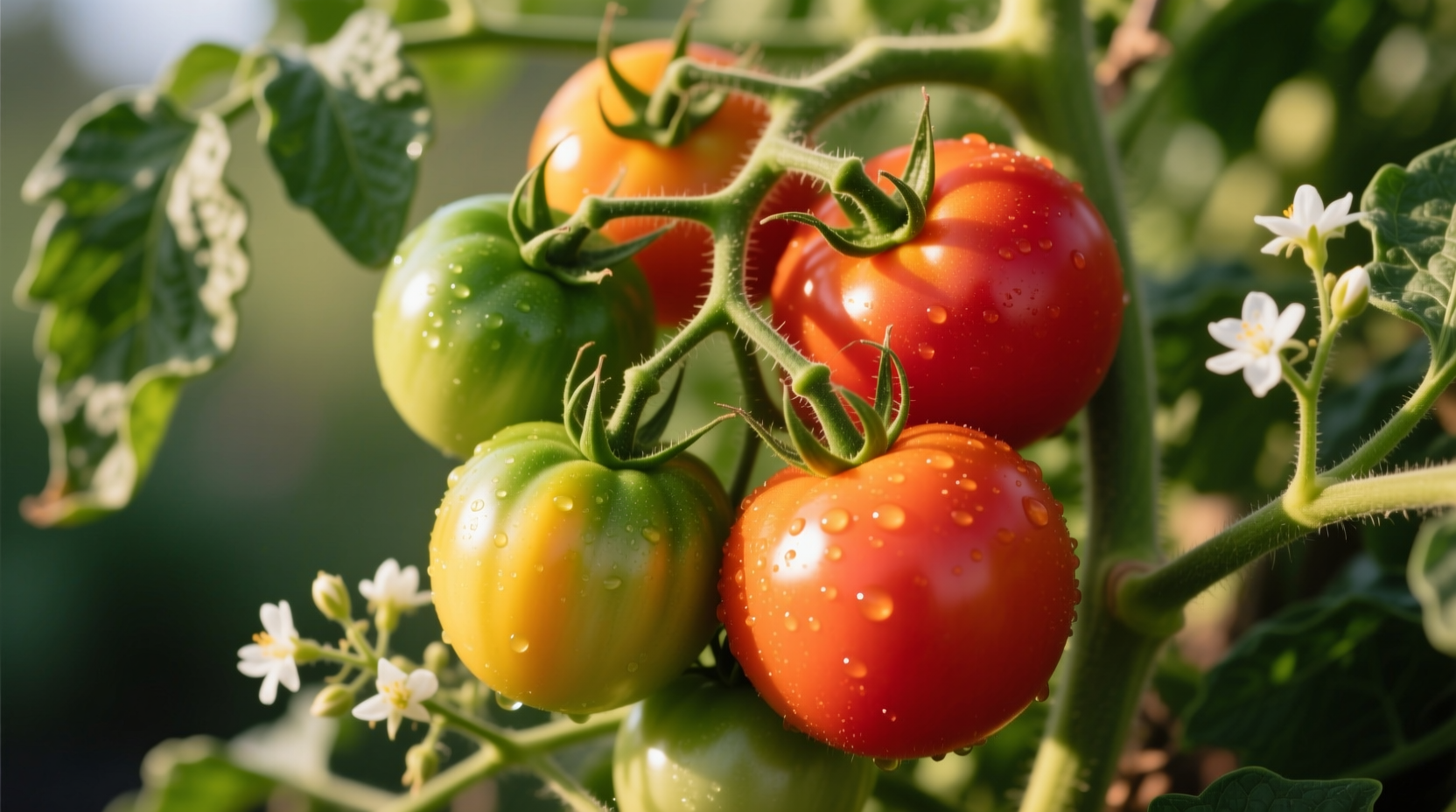 Fresh tomatoes on vine showing ripening stages