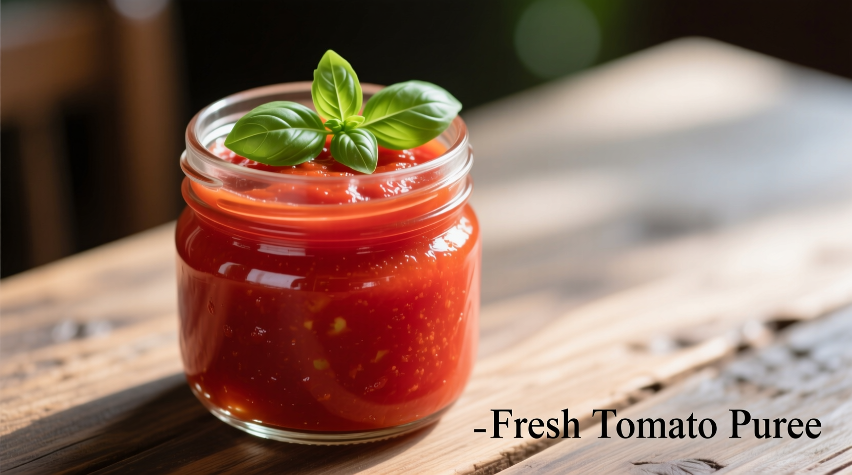 Fresh tomato puree in glass jar with basil garnish