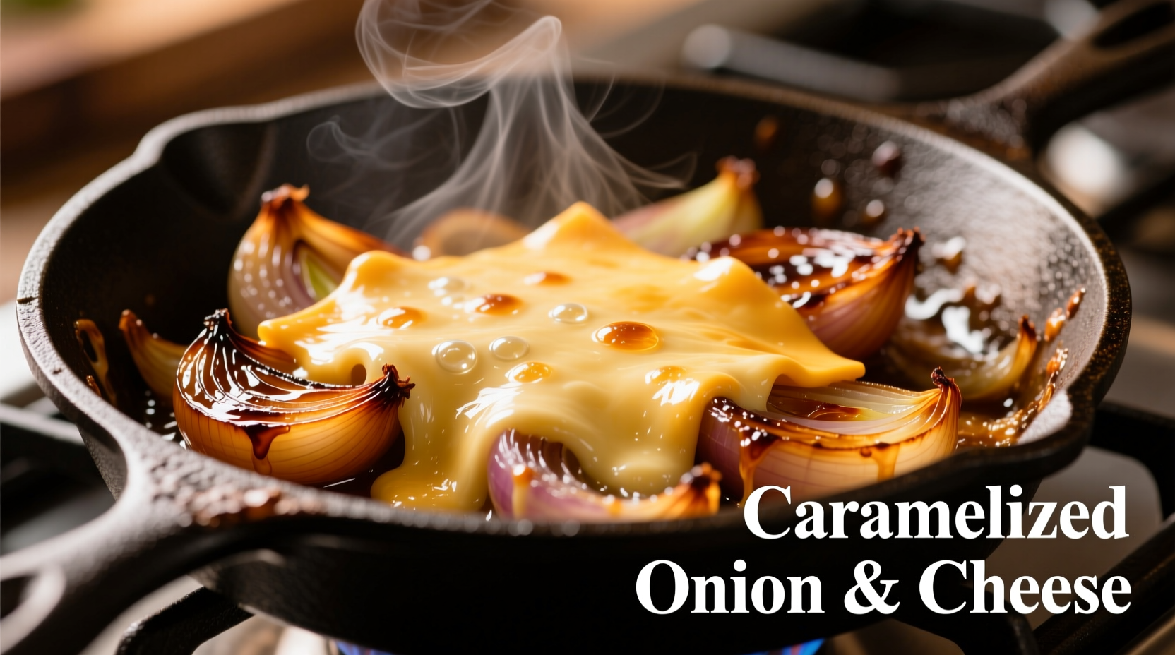 Caramelized onion cheese in skillet with melted cheese