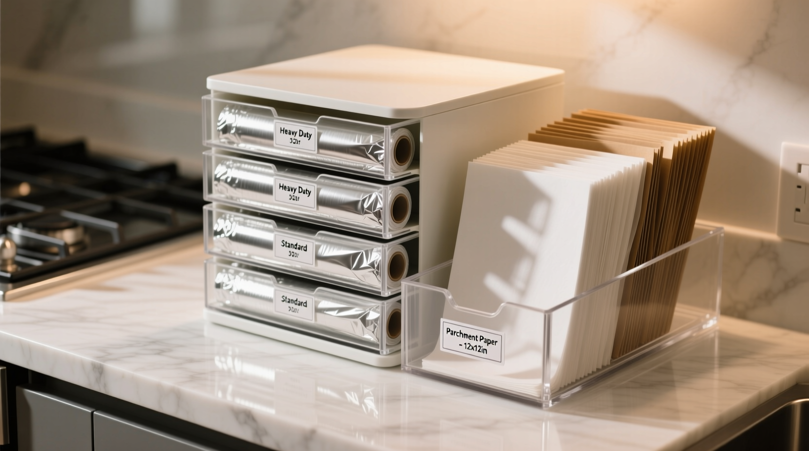how to organize foil plastic wrap and parchment paper