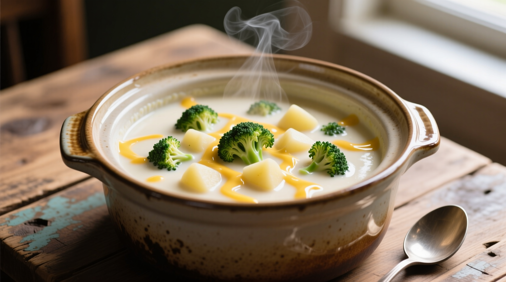 Slow cooker filled with creamy potato broccoli cheese soup
