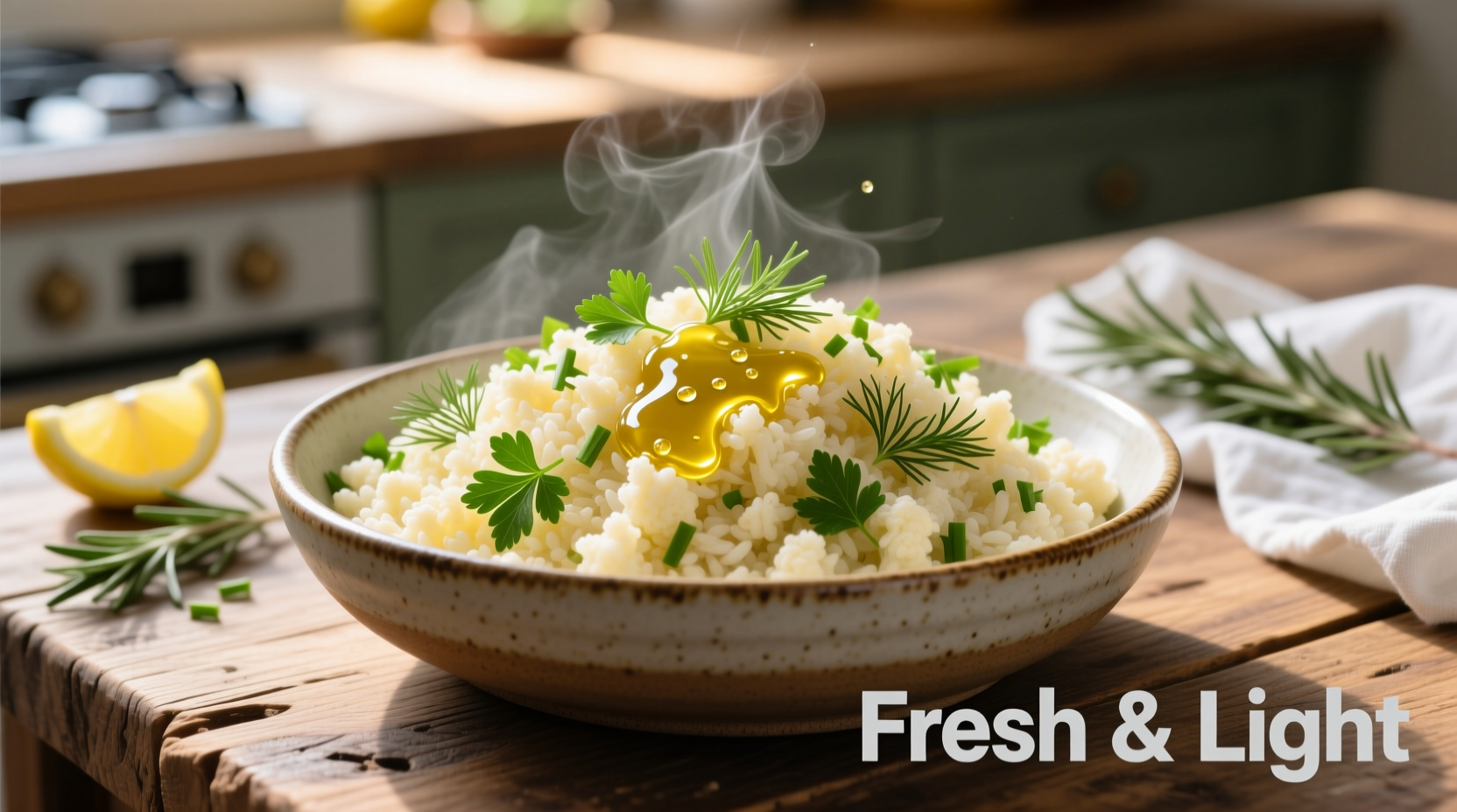Freshly made cauliflower rice in bowl with herbs