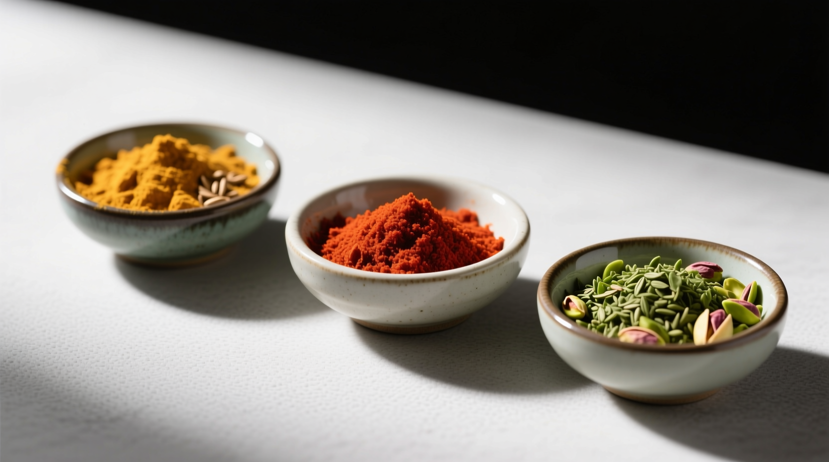 Three small bowls showing spice blends: golden turmeric-cumin, crimson gochugaru-maple, and green za'atar-pistachio