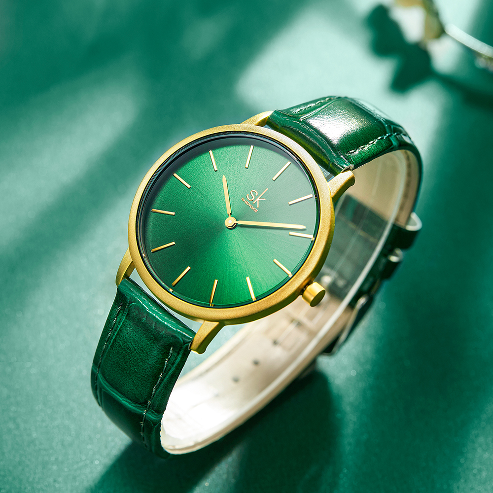 Shengke Women's Watches Fashion Green Dial Ladies Watch Luxury Ultra Thin Female Quartz Wristwatch Green Leather Relojes K0134