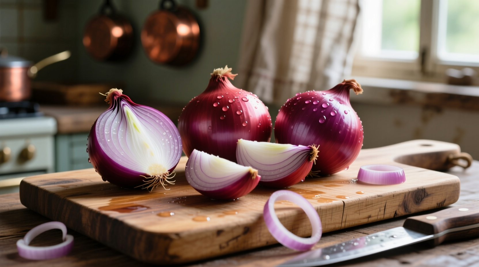 Fresh sweet red onions on wooden cutting board