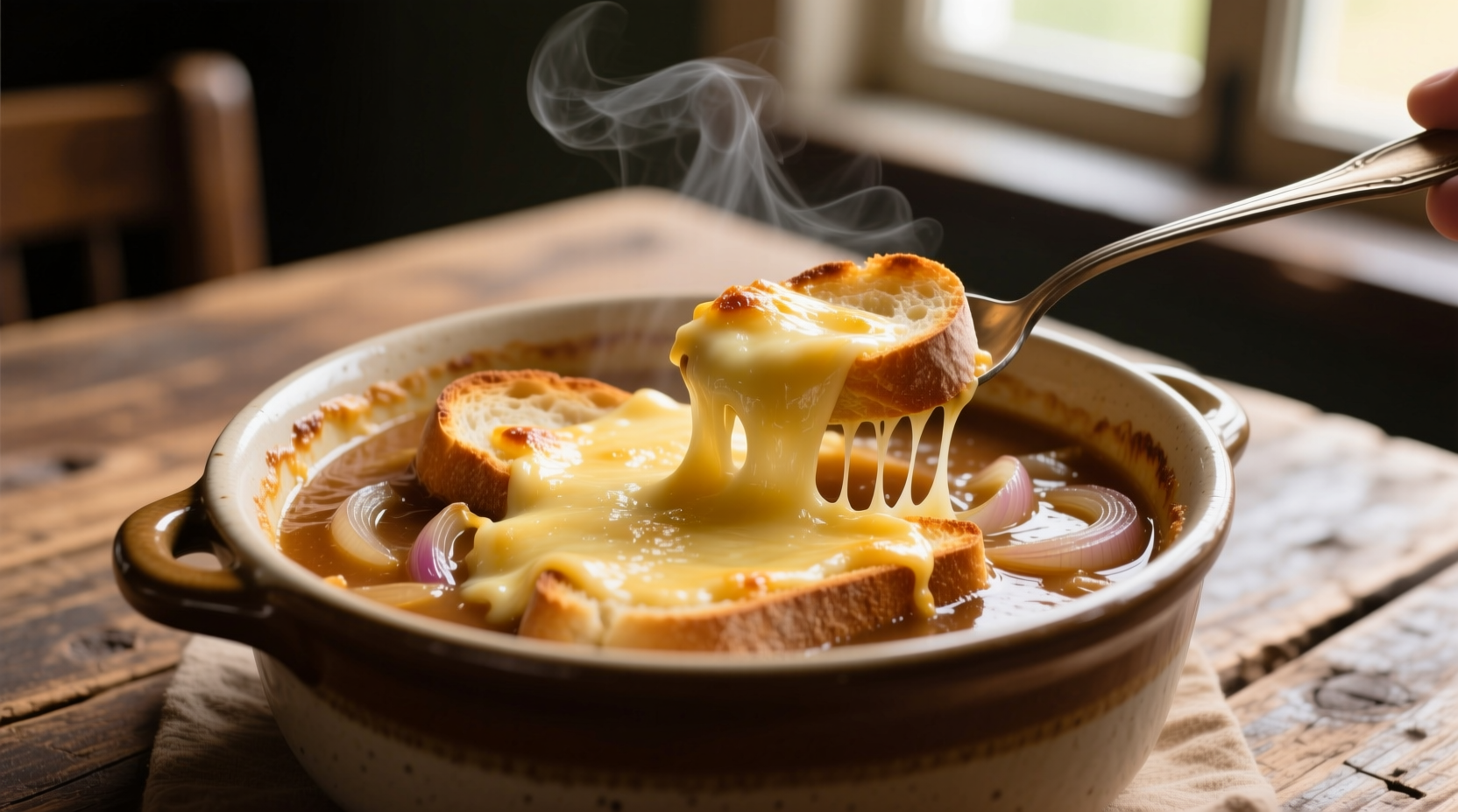 Classic French onion soup with melted cheese and baguette slices