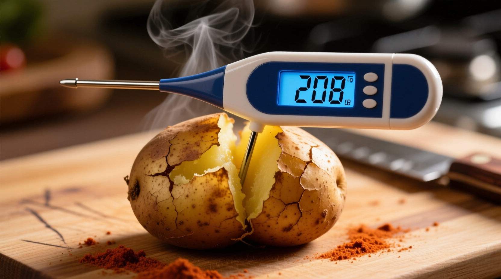 Digital thermometer showing 208 degrees in baked potato