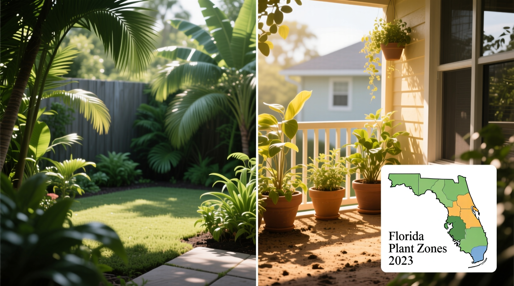 Florida garden microclimate comparison showing shaded backyard vs sunny balcony temperature differences