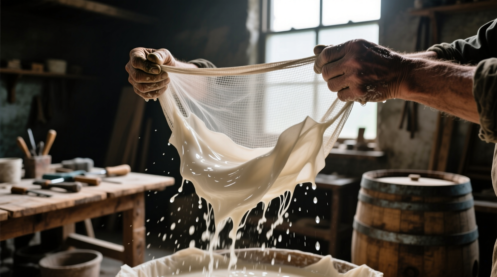 Hands lifting mesh screen with wet paper pulp